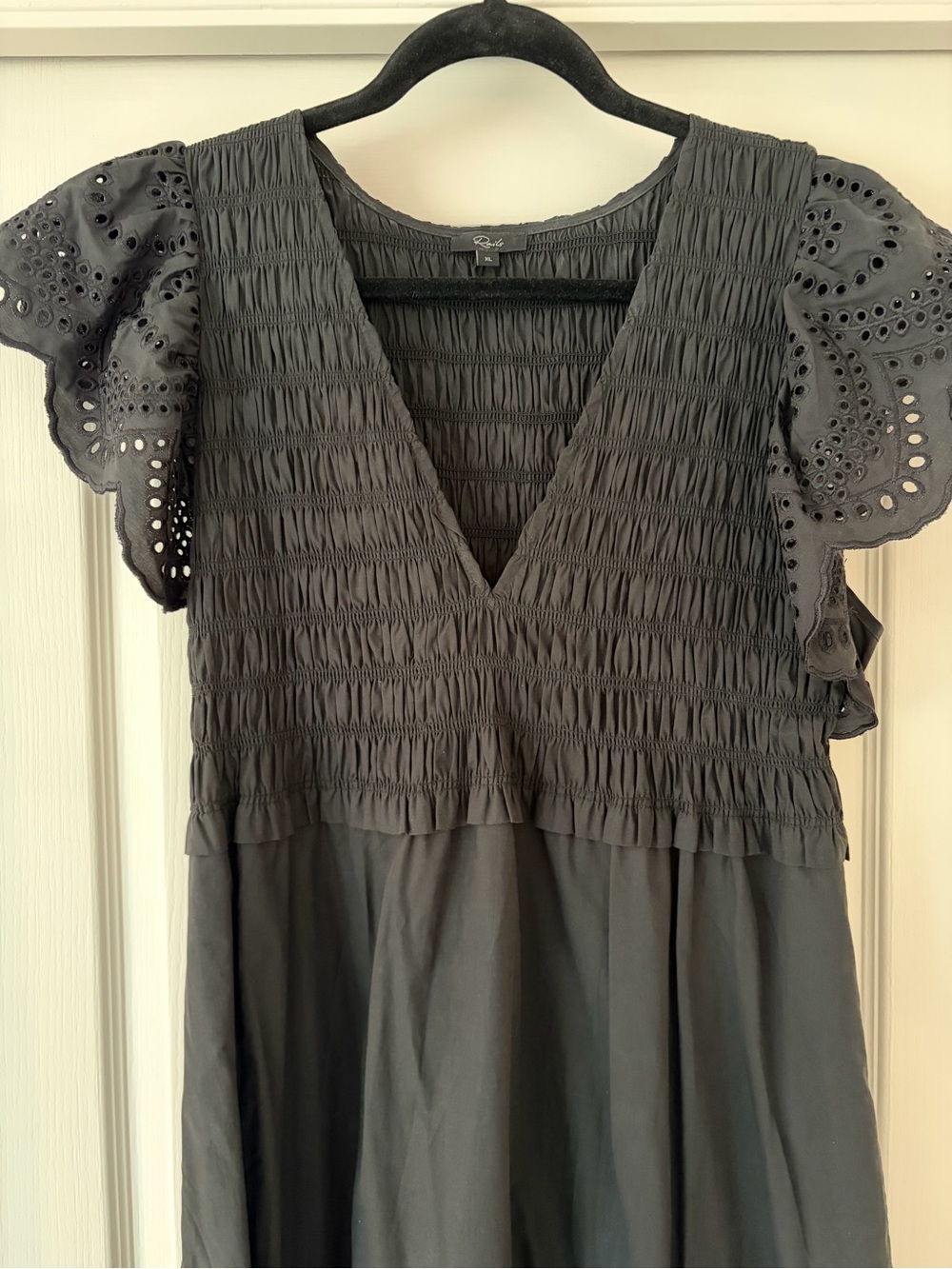 Rails Black Smocked V‑Neck Maxi with Eyelet Flutter Sleeves